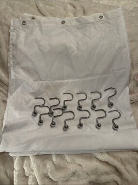 Source Unknown White Shower Curtain with Silver Hooks